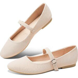 Obtaom Women Beige Polyester Round Toe Comfortable Classic Strap Ballet Flat